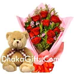 Send to12 Red Roses in Bouquet With Cute Teddy Bear to bangladesh