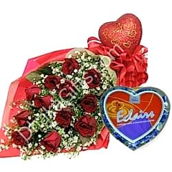 send eclairs chocolate in heart shape box with red roses to dhaka