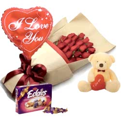 12 Red Roses With Small bear,Eclairs Chocolate in box & Balloon