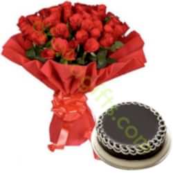 24 Red Roses Bouquet with Chocolate Round Cake