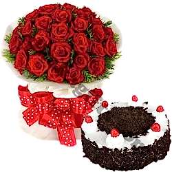 24 red roses with black forest round cake by well food