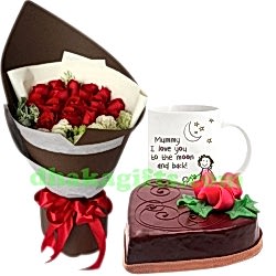 send 12 roses with chocolate cake & decorated mug to dhaka