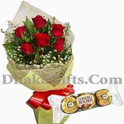 6 pieces red rose with ferrero chocolate to philippines