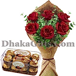 16 pieces ferrero chocolates with 6 red roses bouquet to philippines