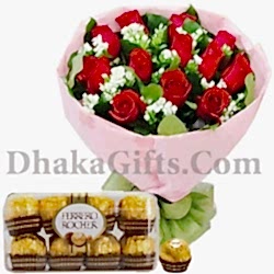 16 pieces ferrero chocolates with 12 red roses bouquet