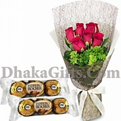 2 packets ferrero chocolates with 6 pieces red rose bouquet to philippines