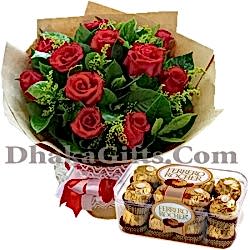 12 pieces red rose with 16 pieces ferrero chocolate