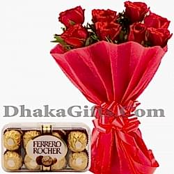 6 pieces red rose with 16 pieces ferrero chocolate to philippines