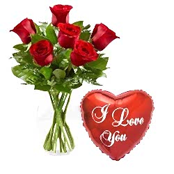 6 Red Roses FREE Vase & Annieversary Balloon to Dhaka