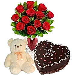12 Red Roses w/ Small Bear and Cake