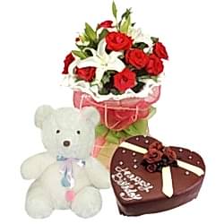 Rose and Lily with Small teddy and Heart Shape Cake