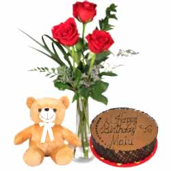 3 Red Roses with Small Teddy and Chocolate Dust Cake