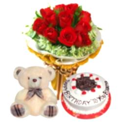 Small Teddy with 12 Red Roses and Cake by Well Food