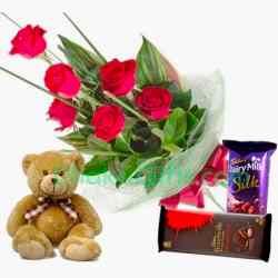 6 Red Roses With Small Bear & Chocolates