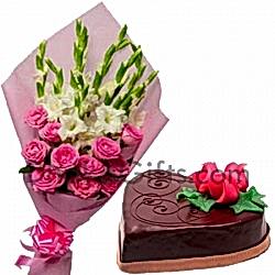 send lilies and roses bouquet with chocolate heart cake to dhaka