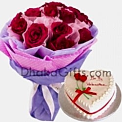 send 12 pcs roses with heart shaped cake by cooper's to bangladesh