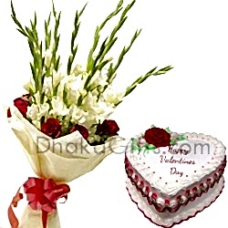 send lilies and roses with heart cake by cooper's to bangladesh