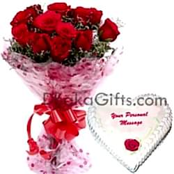send 12 red roses with vanilla heart cake to bangladesh