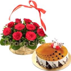 send red roses in basket with coffee round cake to bangladesh