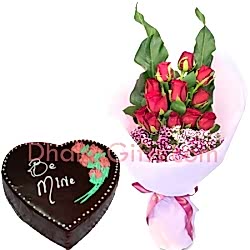 chocolate heart cake with 12 roses to bangladesh