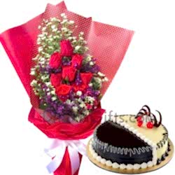 send chocolate and vanilla mix round cake with roses bouquet to dhaka