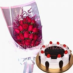send black forest round cake with red roses bouquet to bangladesh