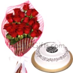 send vanilla round cake with roses bouquet to dhaka