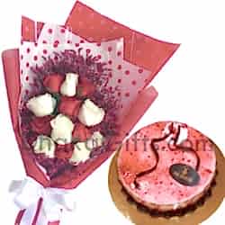 send strawberry mousse cake with roses bouquet to dhaka