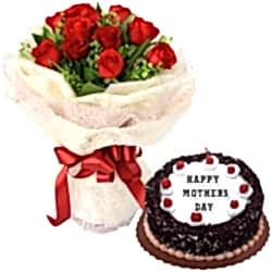 send 12 red roses with black forest cake to dhaka