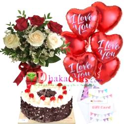 send 6 pcs roses in vase,6 pcs balloon with cake to dhaka