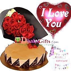 delivery gifts two dozen red roses bouquet, mylar balloon with cake to dhaka