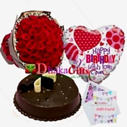 send three dozen red roses bouquet,balloon with cake to dhaka