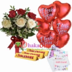 send 6 pcs roses in vase, 6 pcs balloon with chocolates to dhaka