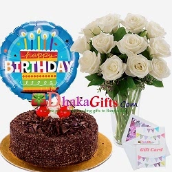 send one dozen white roses in vase,balloon with cake to dhaka