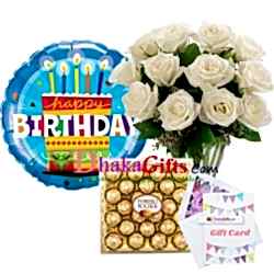 send one dozen white roses in vase, balloon with chocolates to dhaka