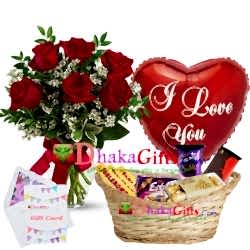 send roses in vase, balloon with chocolates basket to dhaka