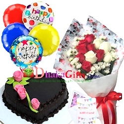 send 12 pcs roses in bouquet, 5 pcs balloon with cake to dhaka