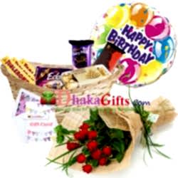 send red roses bouquet,balloon with chocolates basket to dhaka