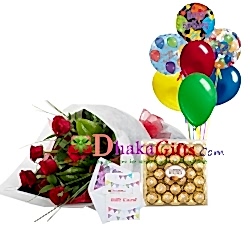 delivery red roses bouquet,7 pcs balloon with chocolates to dhaka