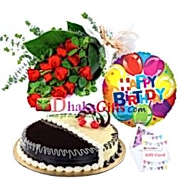 send one dozen red roses bouquet, birthday mylar balloon with cake to dhaka