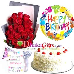 send two dozen red roses bouquet, balloon with cake to dhaka