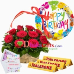 buy online red roses baskect,balloon with chocolates to dhaka