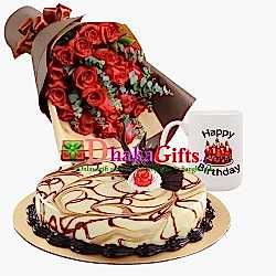 24 pcs red roses bouquet with cake and mug to dhaka