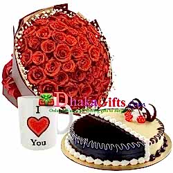 send 36 red roses bouquet,mug with cake to dhaka
