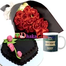 24 red roses bouquet and decorated mug with cake to dhaka