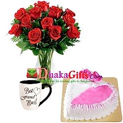 send 12 red roses in vase, mug with cake to dhaka