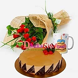 send one dozen red roses bouquet, mug with cake to dhaka