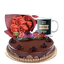 6 pcs red roses bouquet with cake and mug send to dhaka