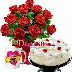 send one dozen red roses in vase and mug with cake to dhaka