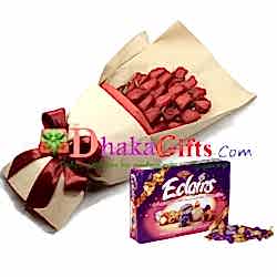 send eclairs chocolate in a box with 12 red roses bouquet to bangladesh